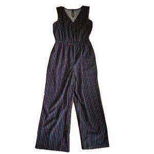 Apt 9 Jumpsuit Womens Size M Medium Black Pink White Striped Sleeveless V Neck